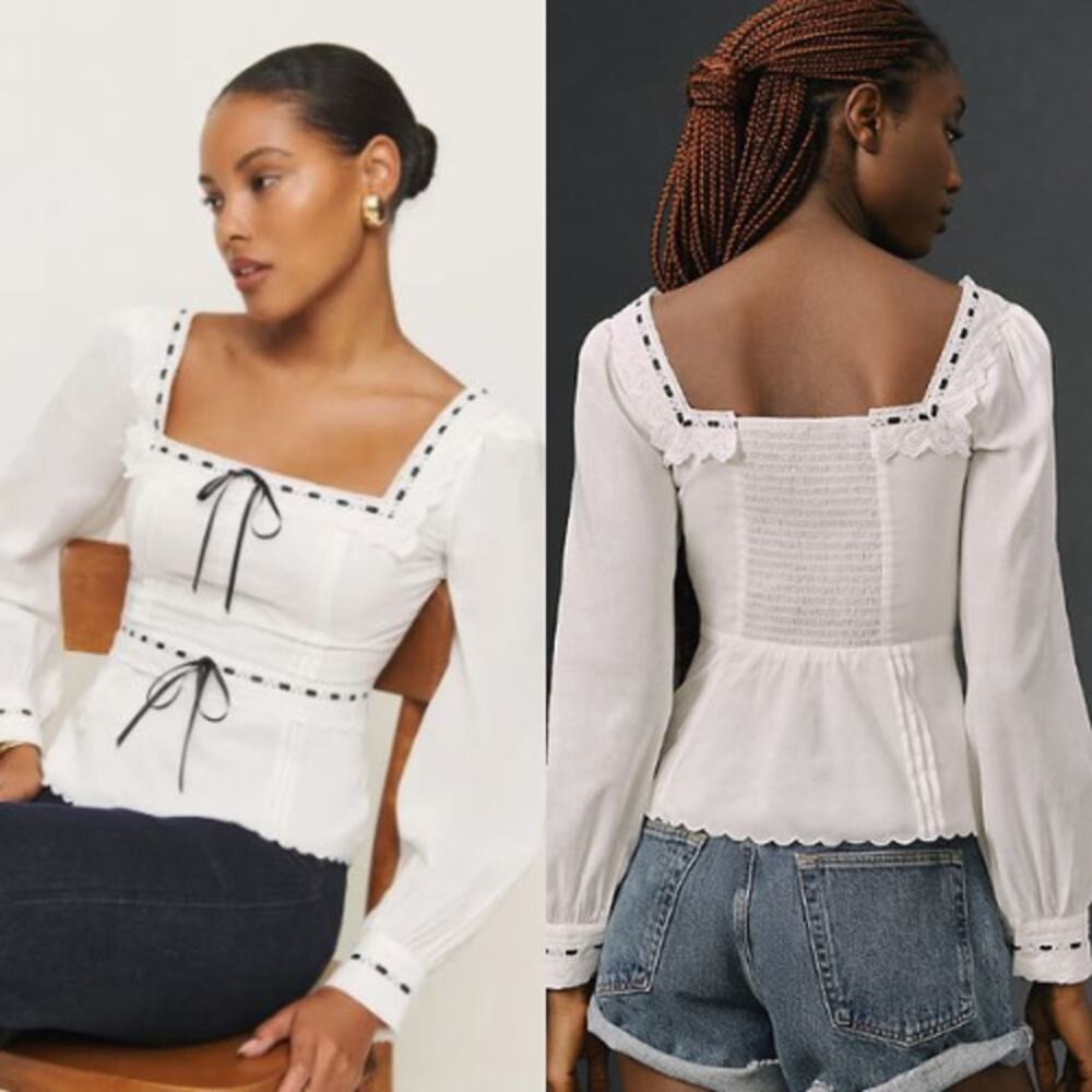 NEW Reformation Haisley Ribbon Accent Organic Cotton Peplum Top White Size 4